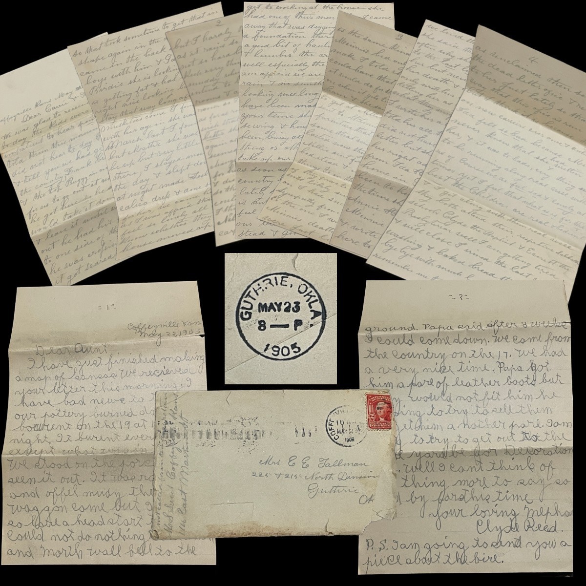 1905 Family Letters Coffeyville Kansas  Guthrie Oklahoma Territory Pottery Fire