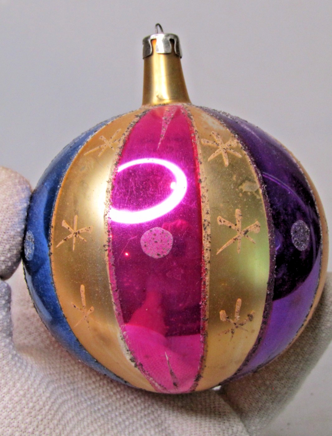 VTG Glass Glitter STAR HARLEQUIN Pictured Large BALL Christmas Ornament Poland