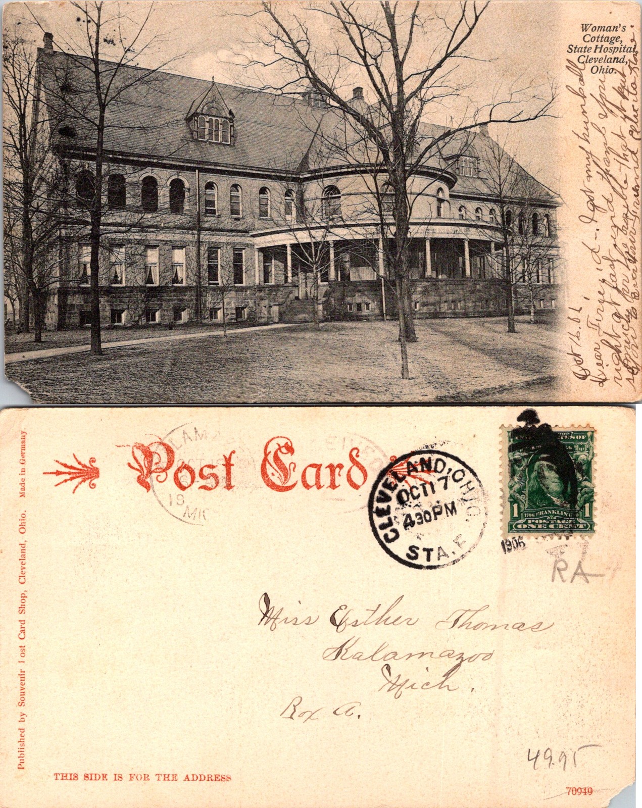 Cleveland OH Woman's Cottage, State Hospital Building Vintage Postcard 72257