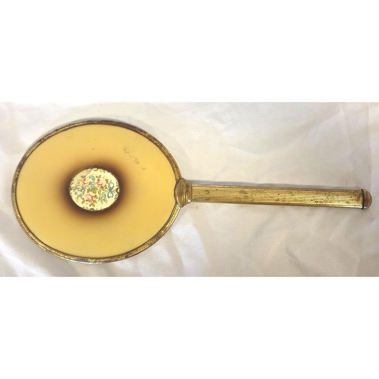 Vintage Mid-Century Celluloid Hand Mirror – Roses & Ribbon Floral Motif