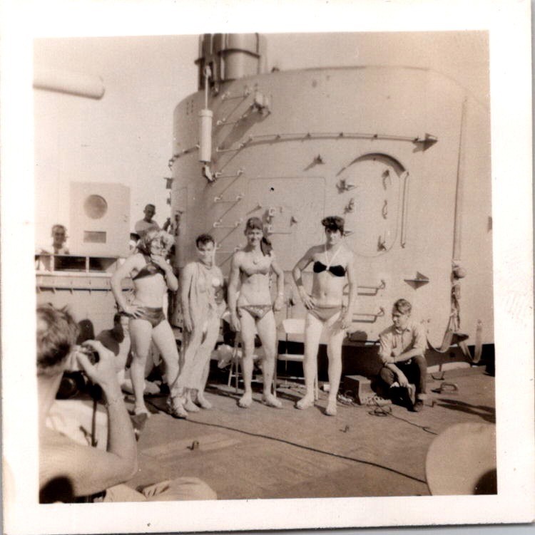 Vintage 1950s Photograph Sailors in Drag Bikinis US Navy Ship Humorous WWII Era