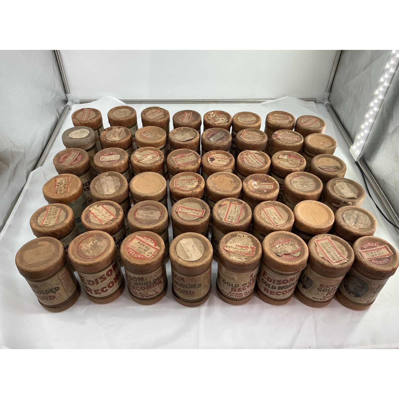 Lot of 41 Antique Edison Gold Moulded Phonograph Cylinder Records with Cases