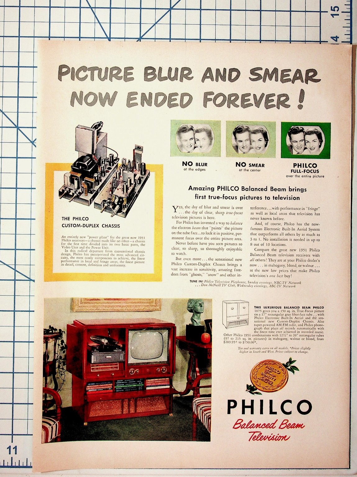 1951 Philco Balanced Beam Television Vintage Magazine Print Ad TV Console