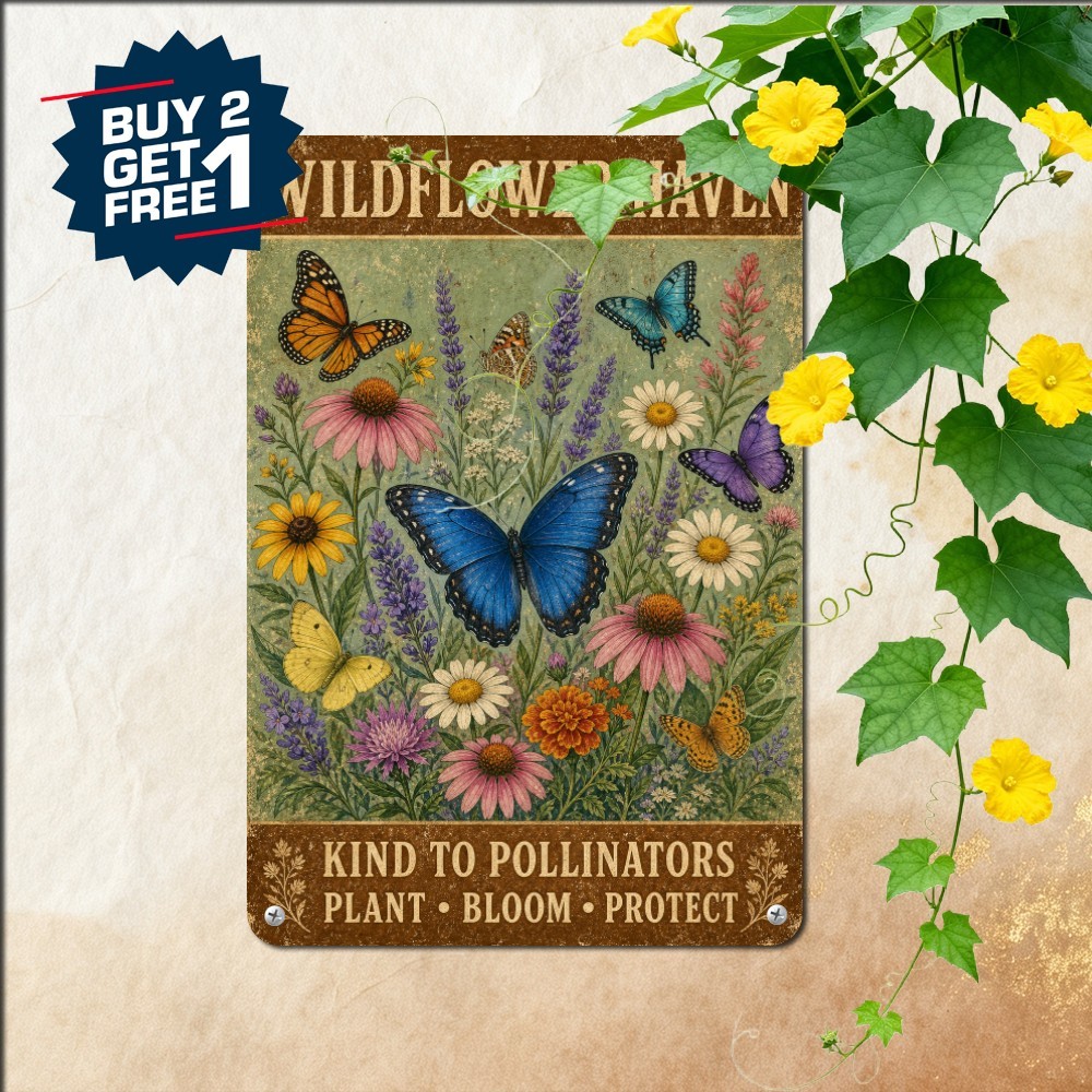Pollinator Friendly Butterfly Garden Sign Retro Yard Nature Metal Plaque