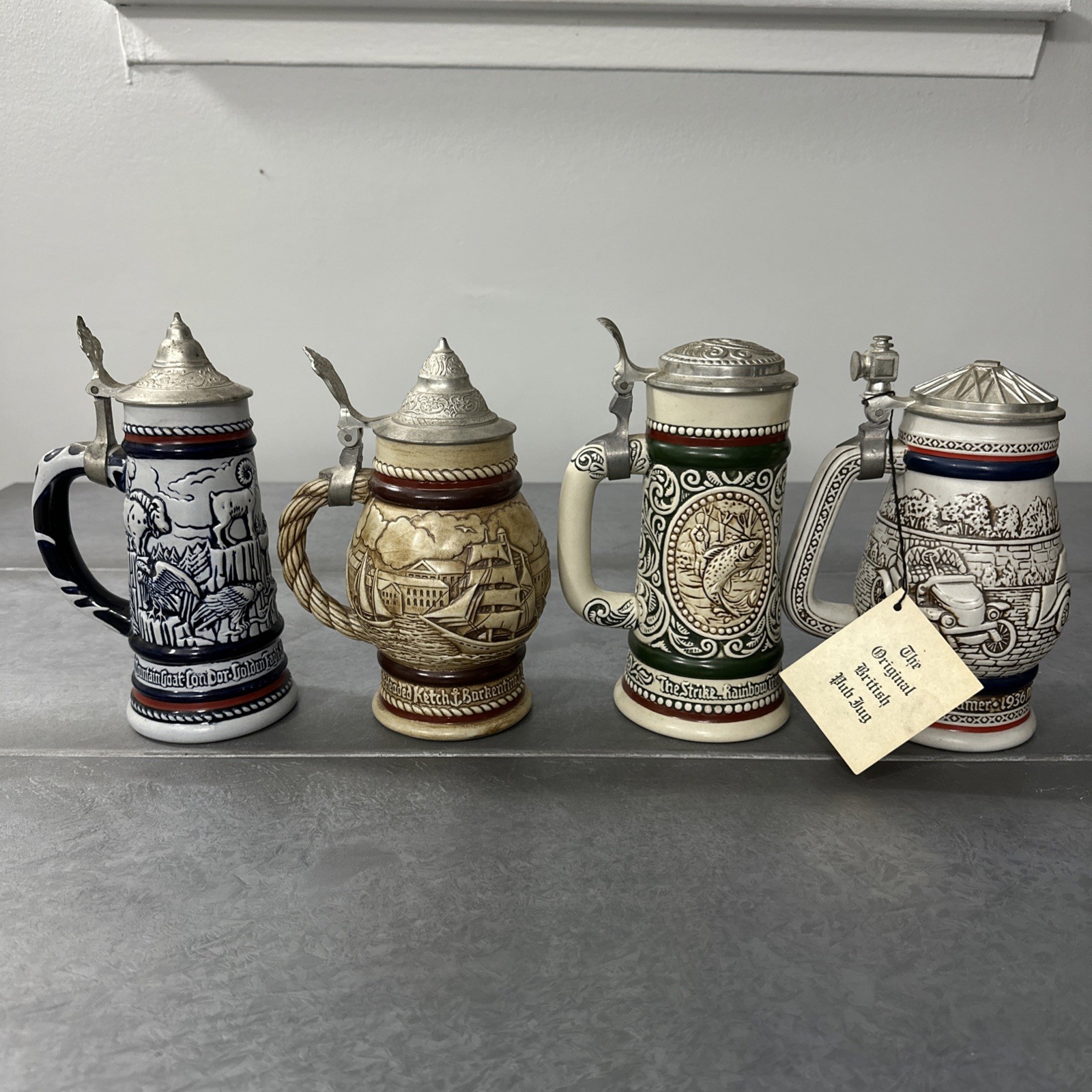Avon 1976, 1977, 1978 and 1979 Beer Steins. Mix transportation and animal themes