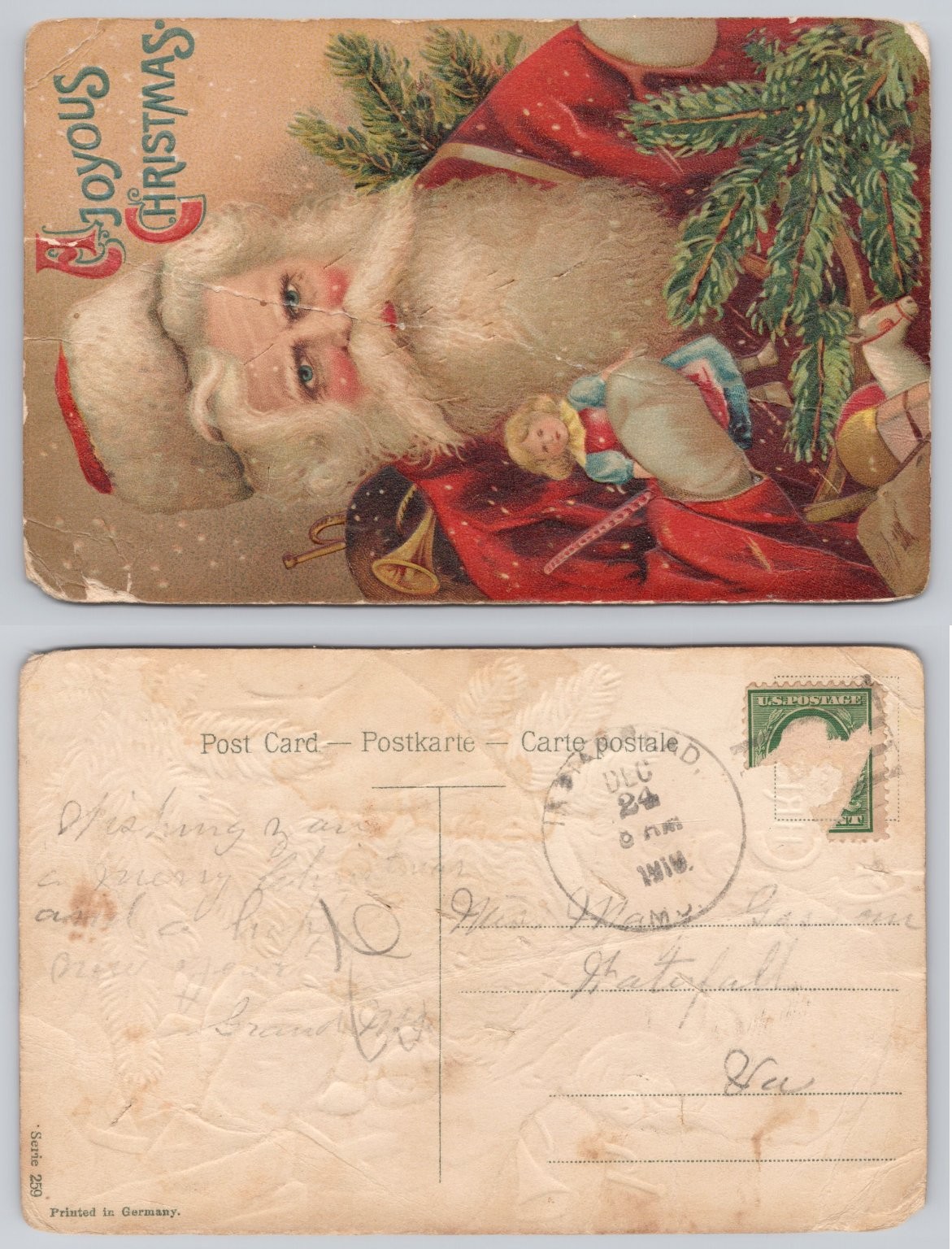 Vintage Santa Claus Christmas Postcard 1918 Embossed German Printed