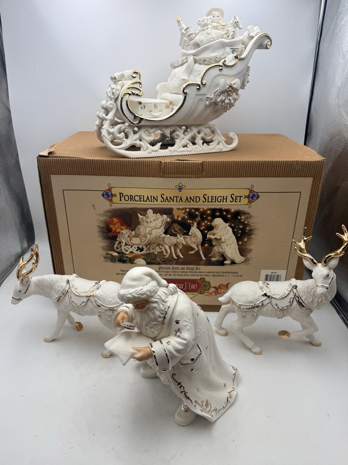Vtg Grandeur Noel Porcelain Santa and Sleigh Set 2001 Collectors Ed. MINT IN BOX