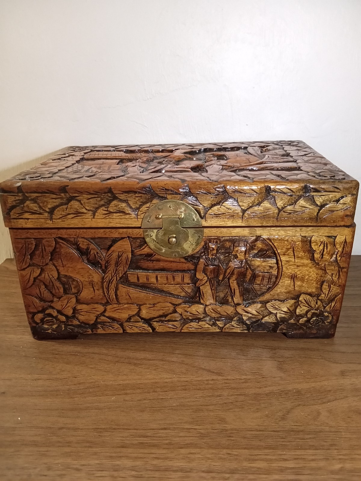 Vintage Chinese Carved Camphor Wood Box Brass Latch Red Lined Asian Decor
