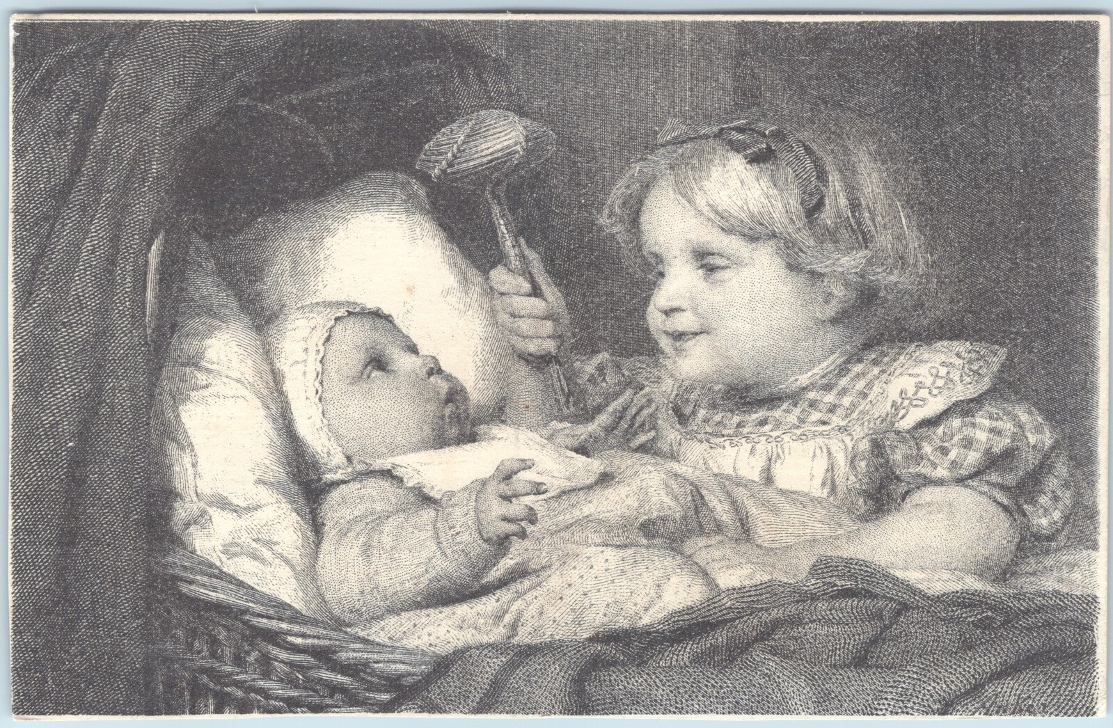 RIDGE\'S FOOD FOR CHILDREN Lovely scene of child w/ baby holding unique rattle