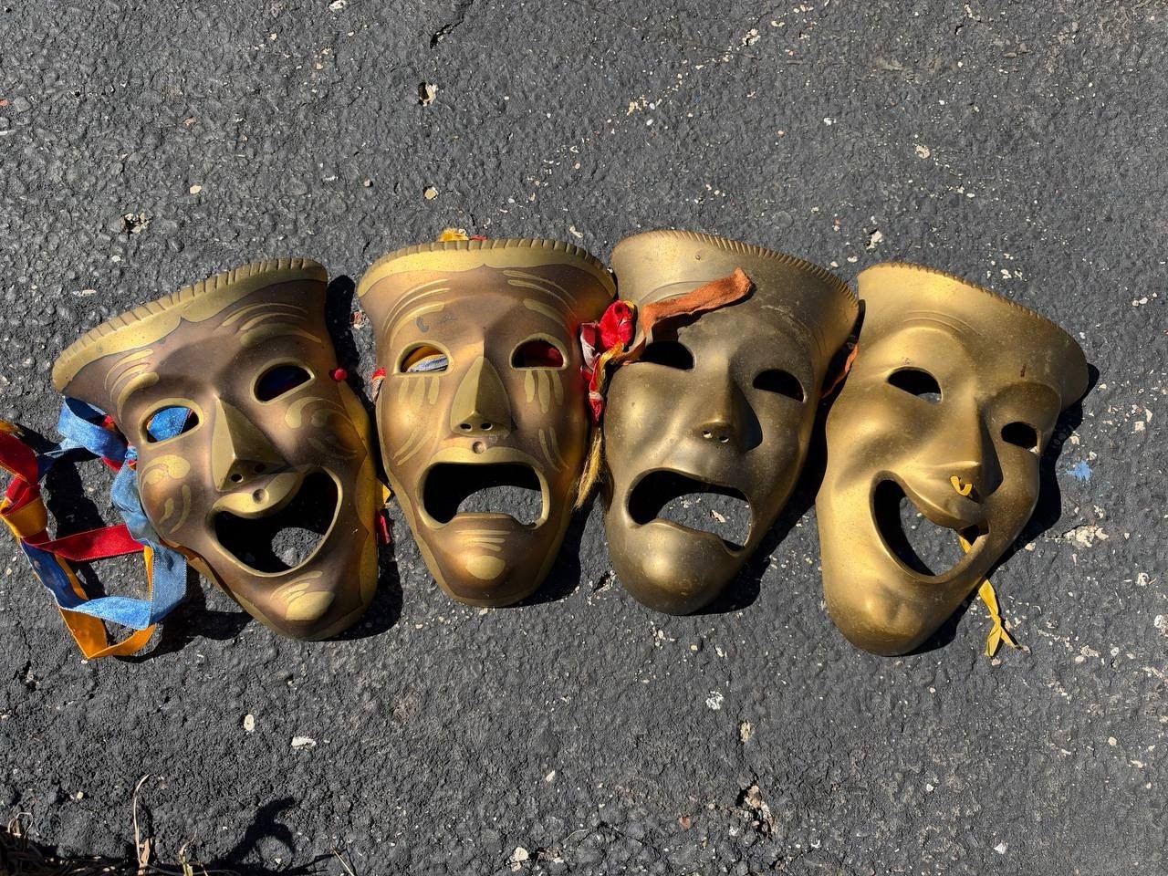 Vintage Solid Brass Theater Masks Wall Decor - Set of 4 Small Drama Comedy Trage