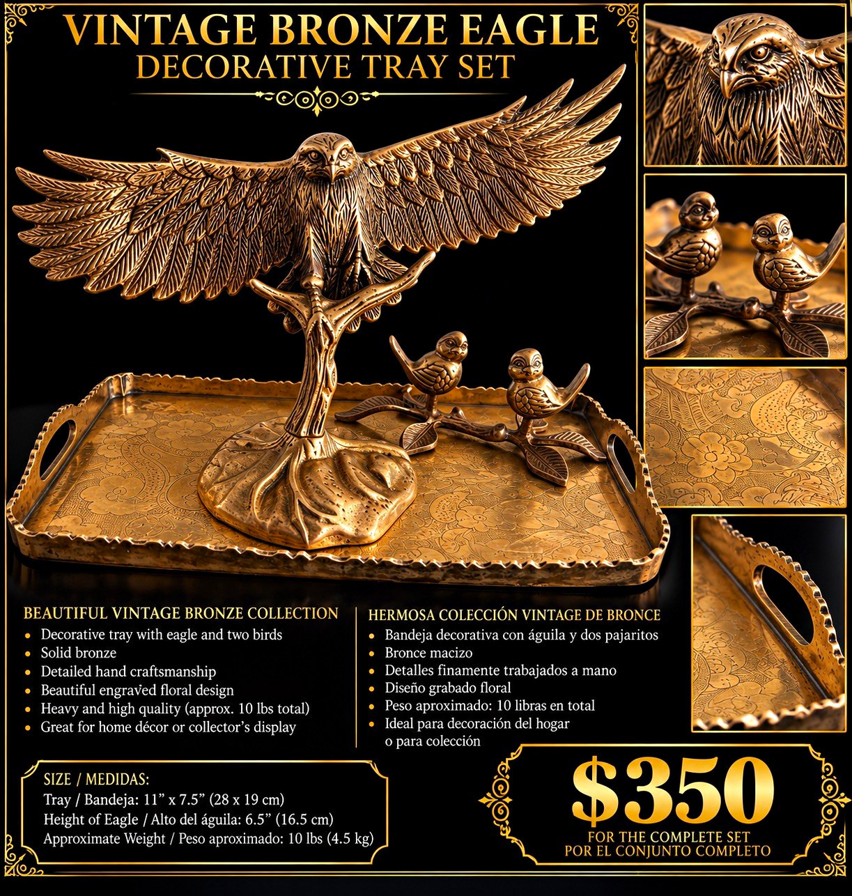 Vintage Bronze Eagle Bird Decorative Tray Set with 2 Bird Trays