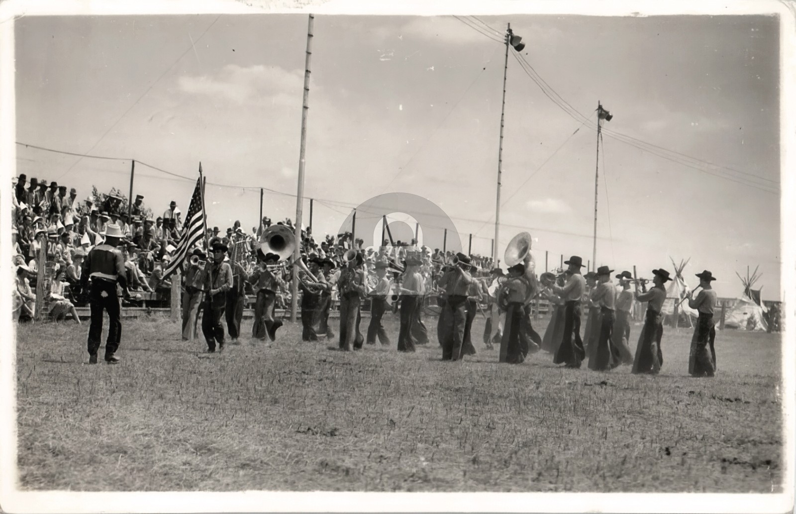 c1940s Cowboy Marching Band Teepee RPPC Photo Postcard COPY