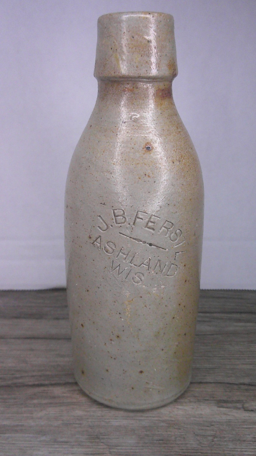 antique 1870's 80's  salt glazed stoneware beer bottle J.B. Ferstl Ashland, Wi.