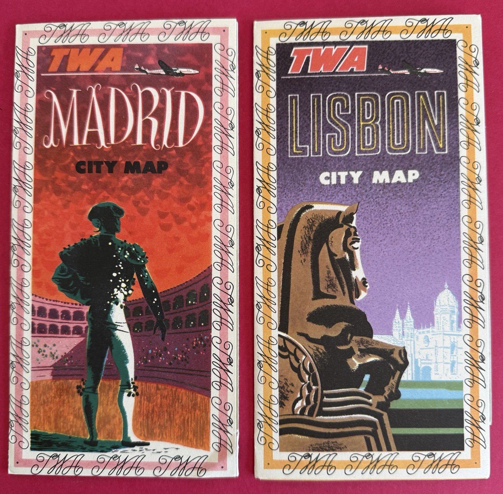 TWA MADRID & LIBSON CITY MAPS - Fly Into 1953 - David Klein Artwork - Alucinante