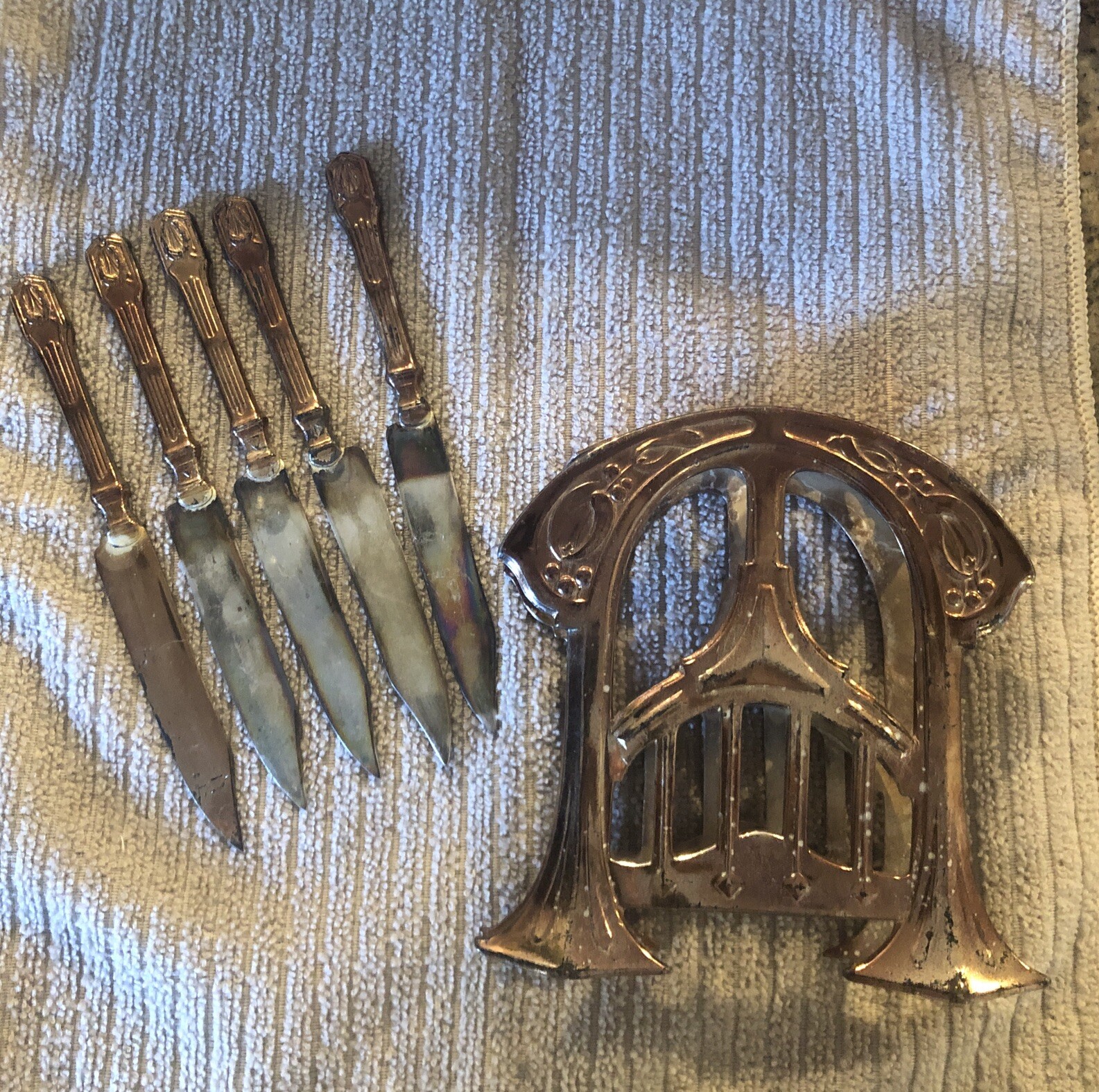 RARE,ANTIQ,Art Nouveau , Metal ,Brass ,Copper..Fruit Knife Holder With 5 Knives