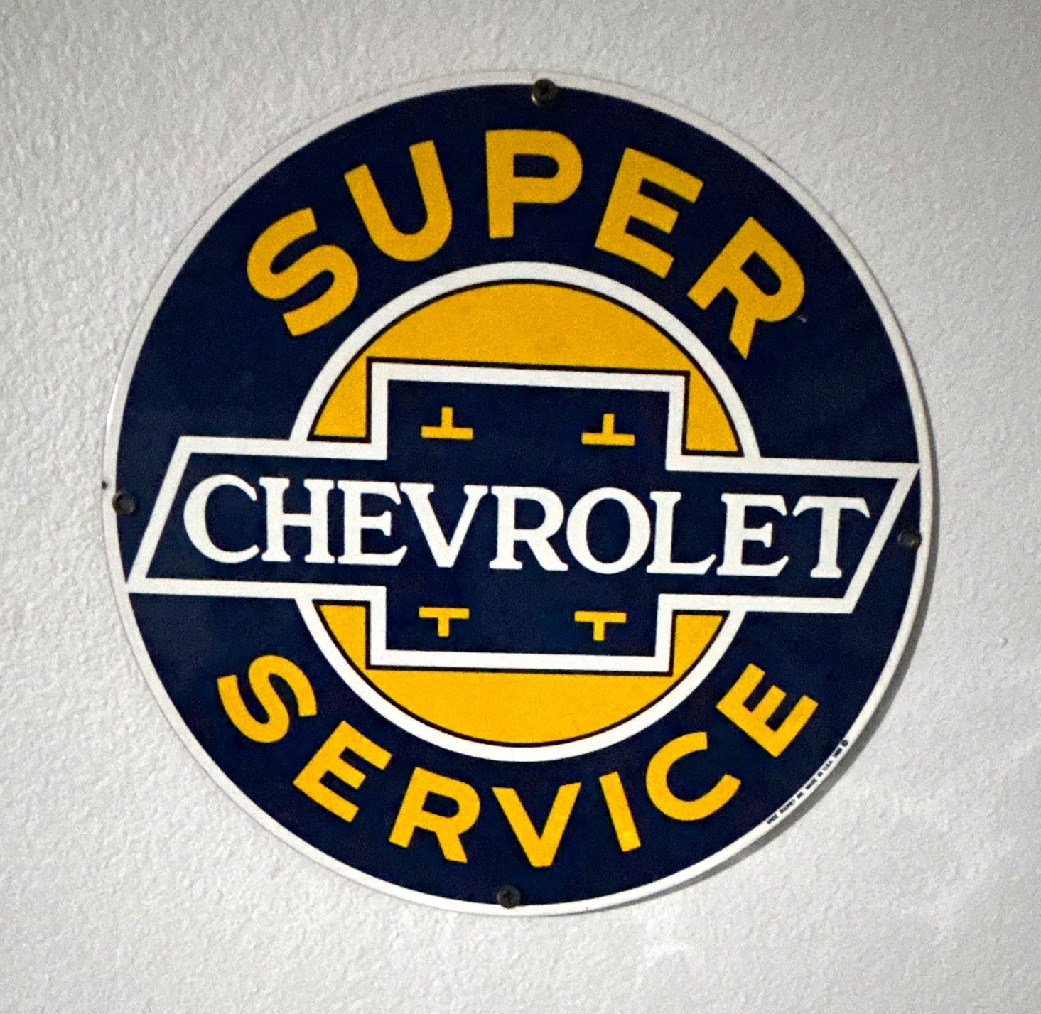 Chevrolet Super Service Round Metal Sign Plaque, Blue/Yellow/White (1984)