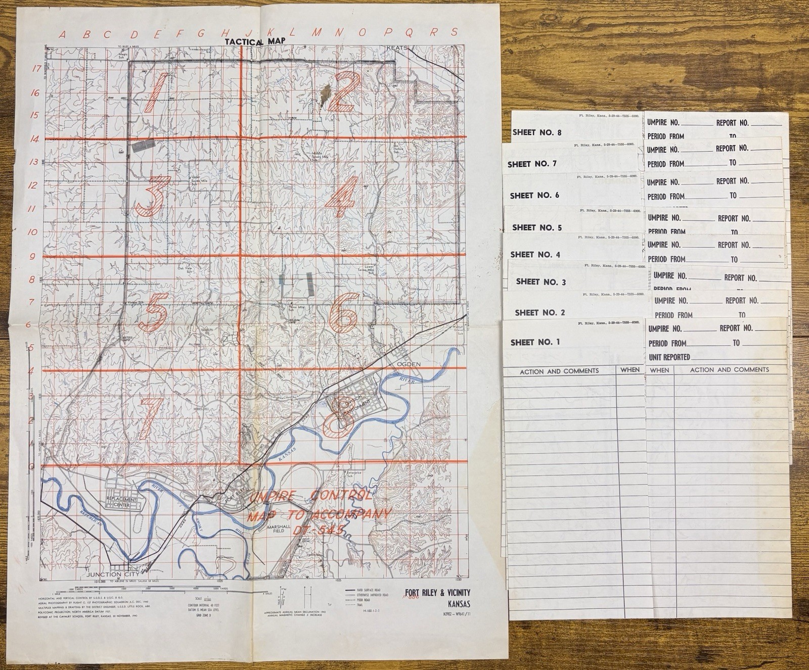 1943 Fort Riley Kansas & Vicinity Cavalry School Tactical Map W/ Umpire Reports