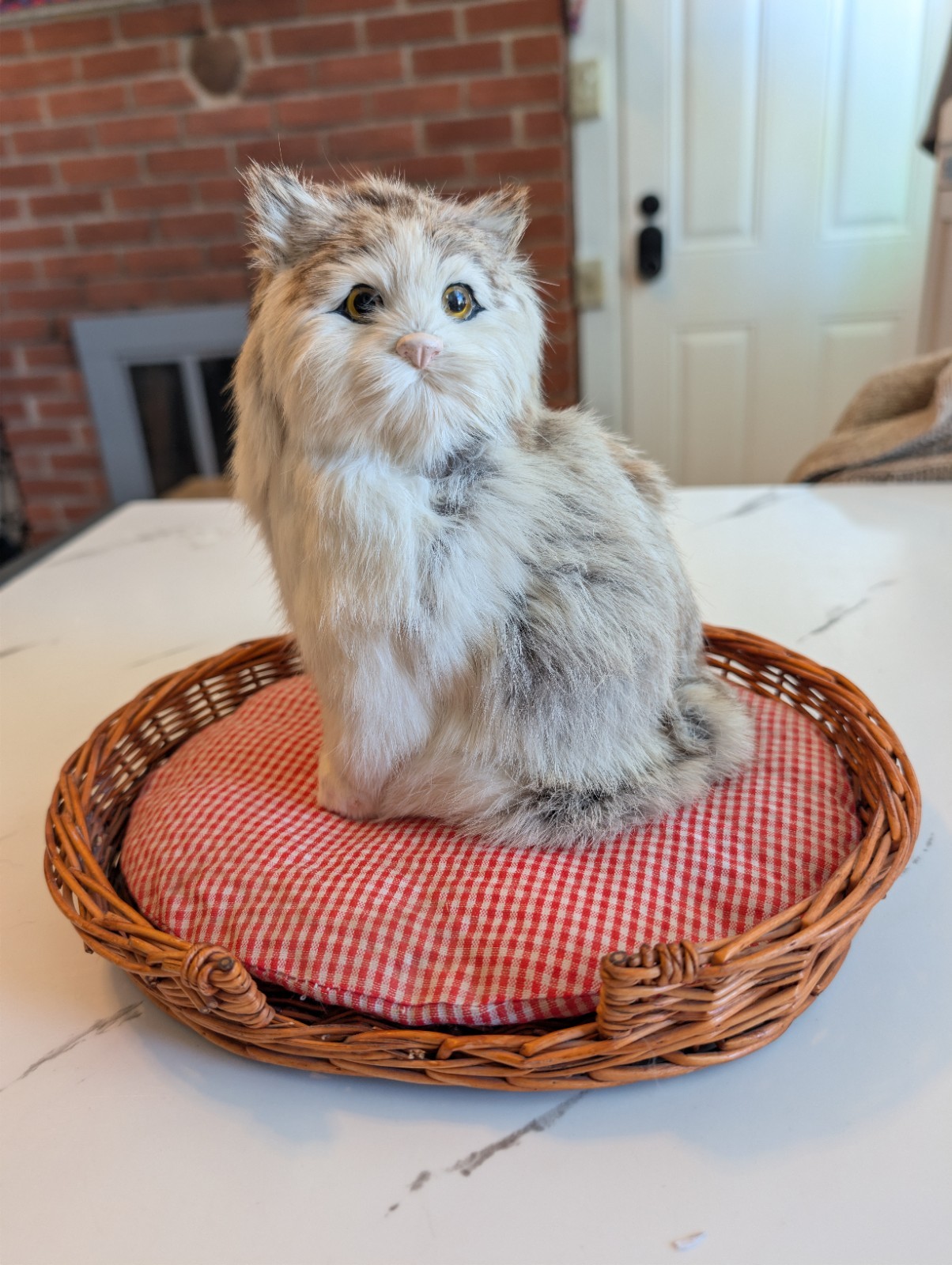 Real Rabbit Fur Kitten On Basket RARE UNIQUE FIND 1 Of A Kind Handmade Vintage 