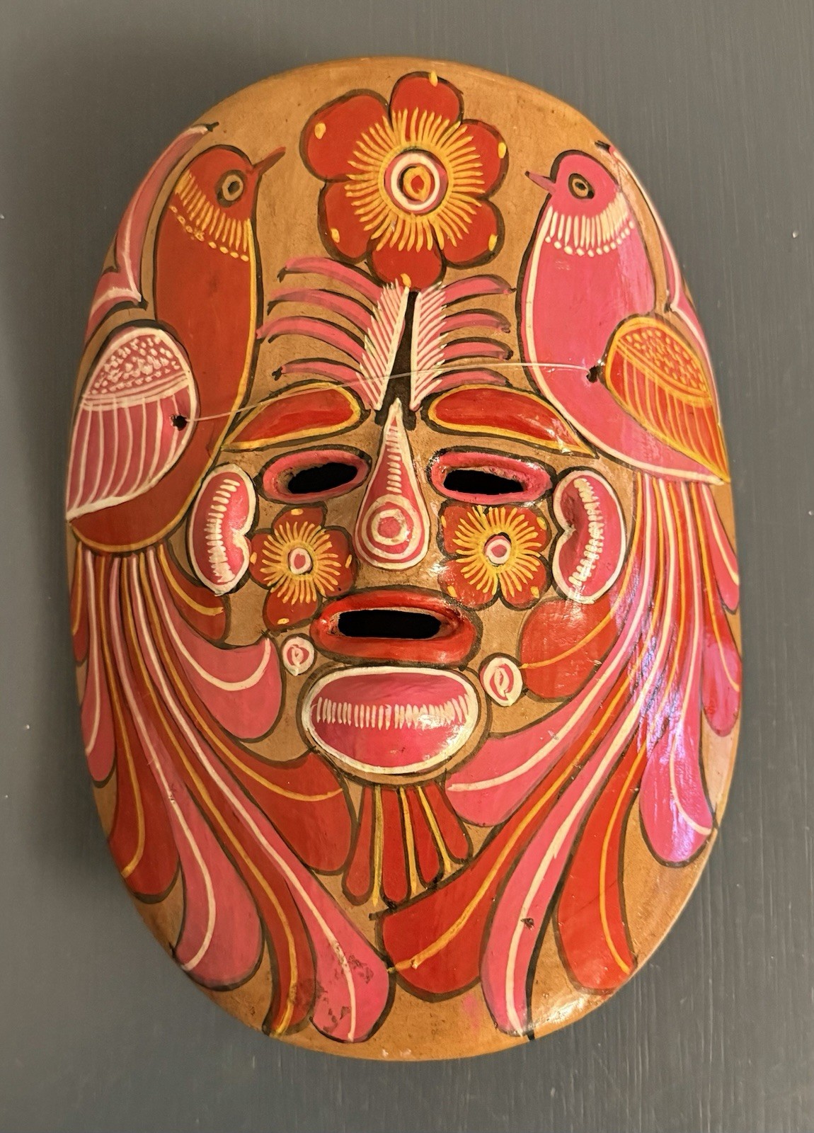Vintage Mexican Folk Art Clay Face Mask ~ Flowers Birds ~ 8\