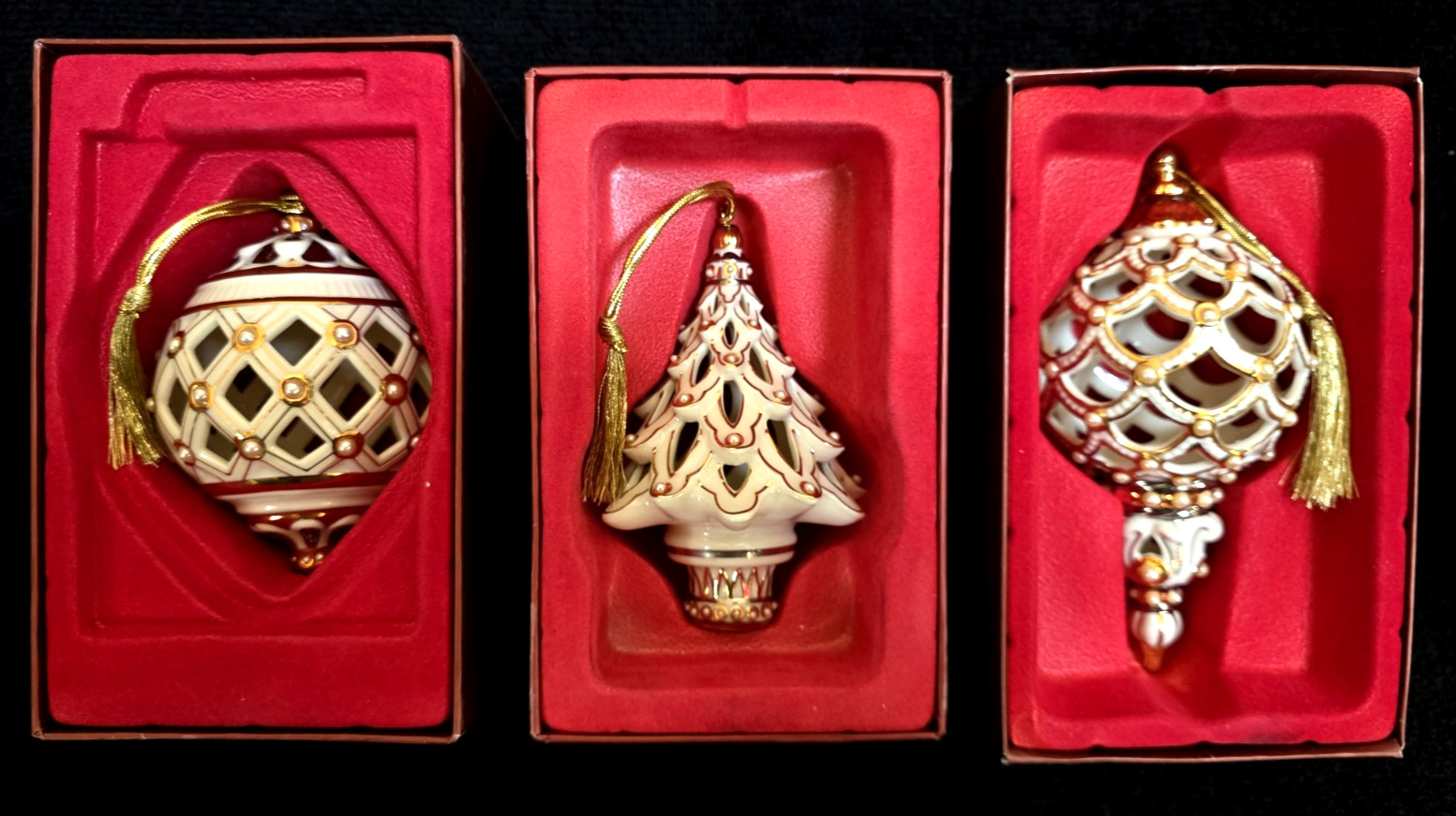 Lot of 3 Lenox Florentine & Pearl Victorian Style Ball, Tree, & Spire Ornaments