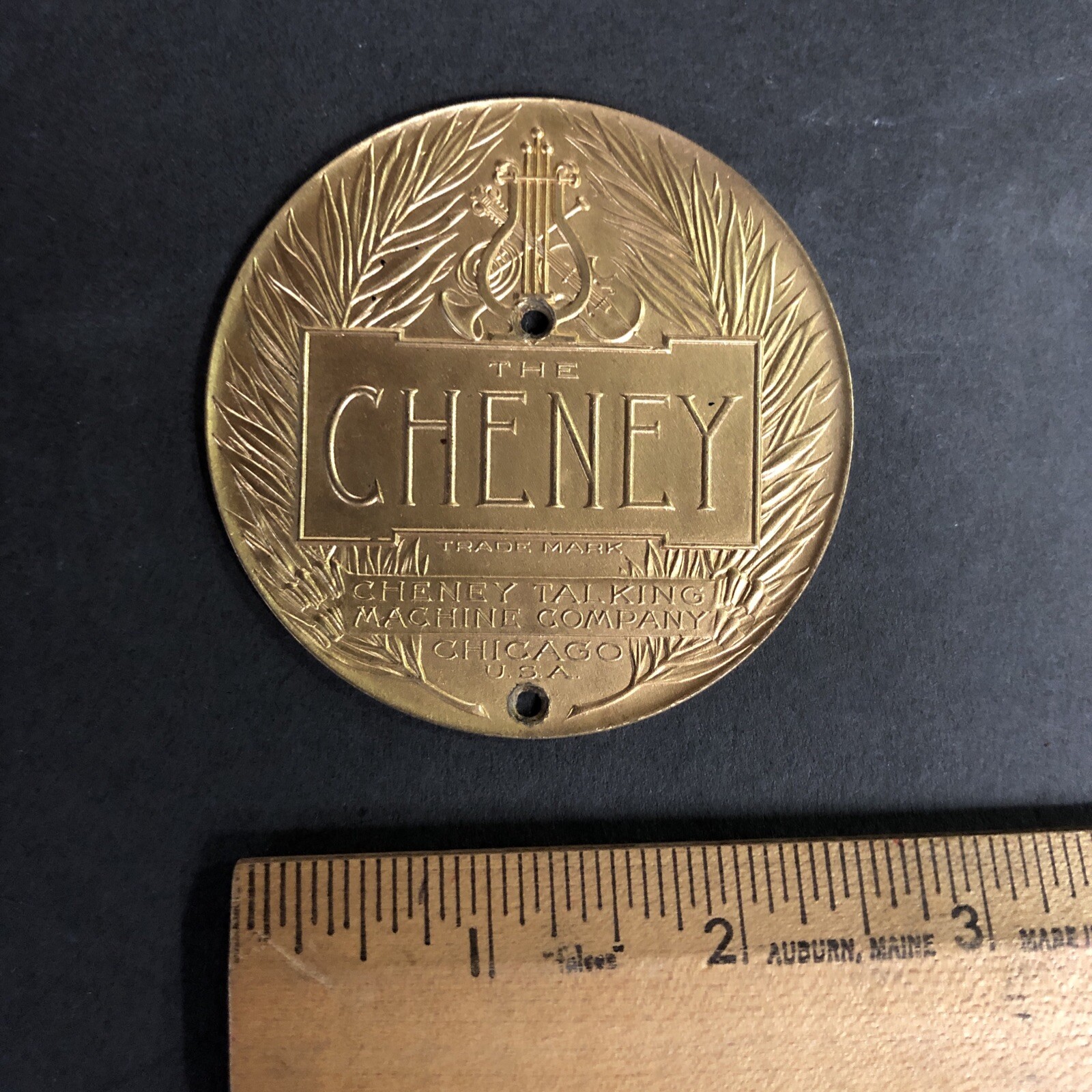 Vintage Cheney # 3M561—Talking Machine PHONOGRAPH Lid Brass ID Badge
