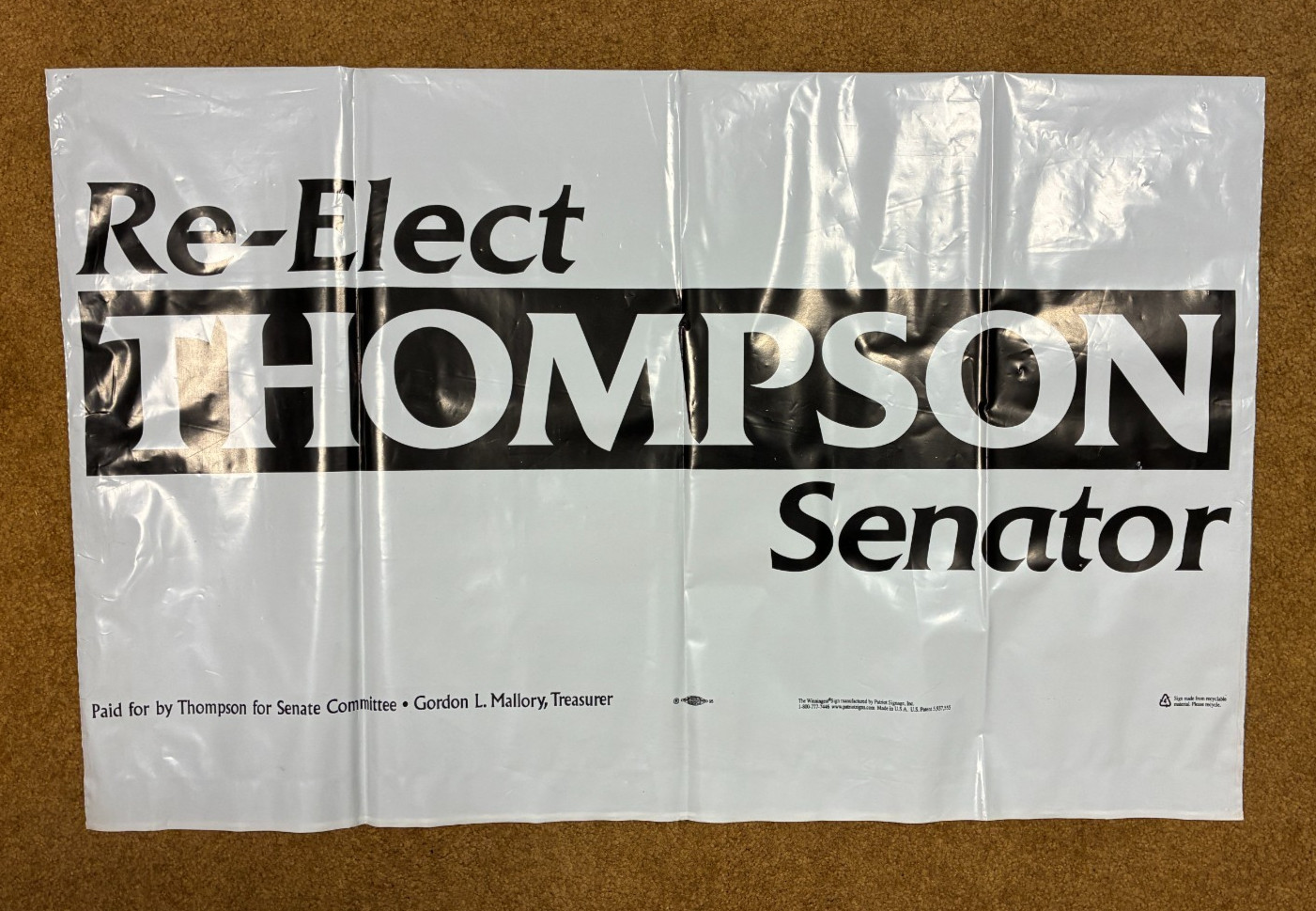 Vintage Re-Elect THOMPSON for U.S. Senate Political Campaign Yard Sign 32\