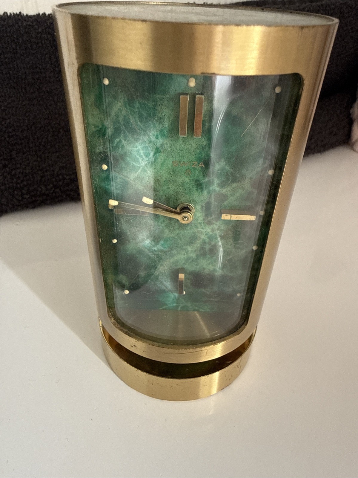 Mid-Century Swiss Gilt Brass & Malachite Swiza 8 Day Alarm Clock