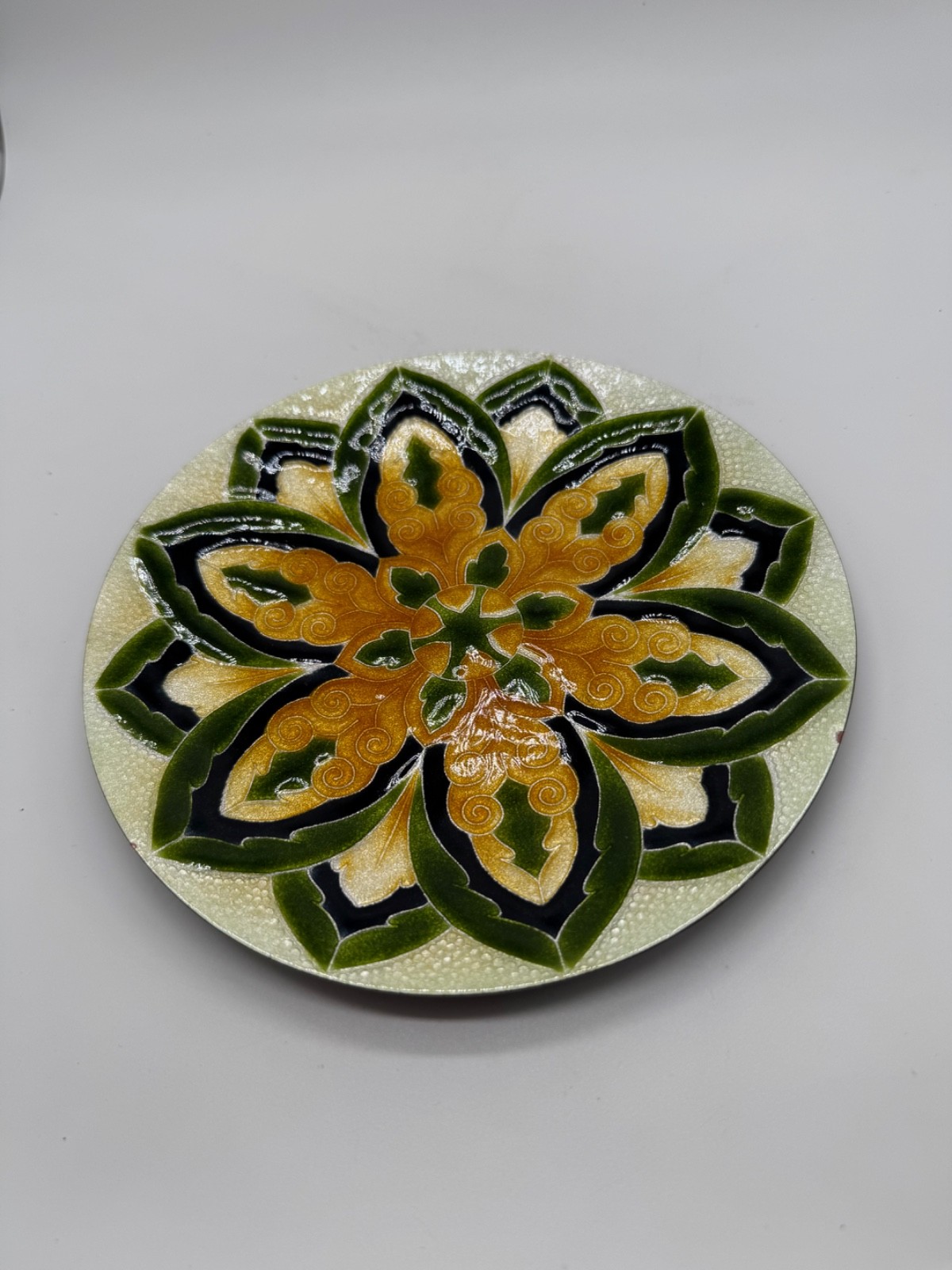 Vtg Italian Green & Yellow / Gold Enamel Copper Tray Flower Design Vide Poche