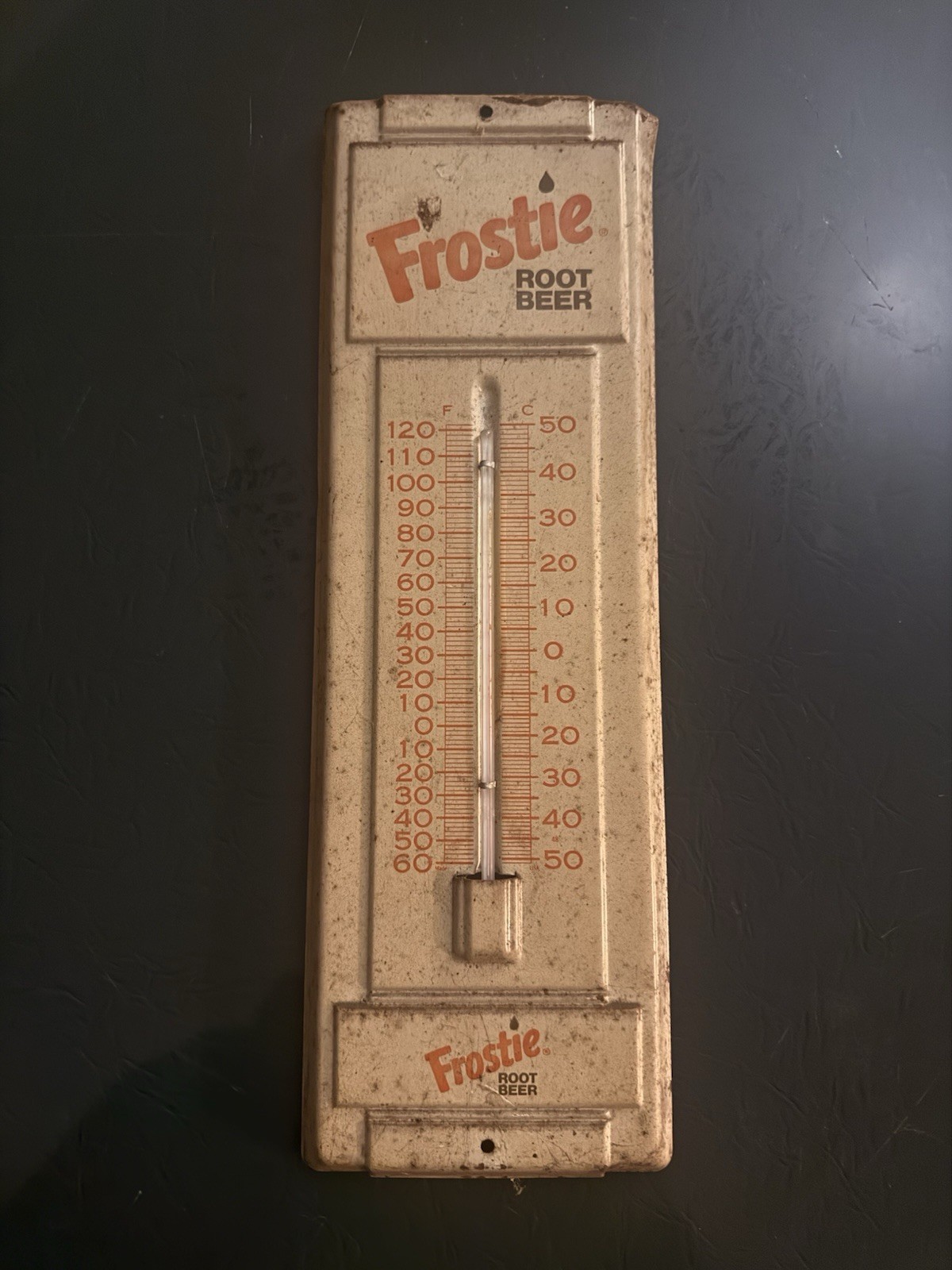 Vintage 1960s Frostie Root Beer Embossed Metal Wall Thermometer Store Display