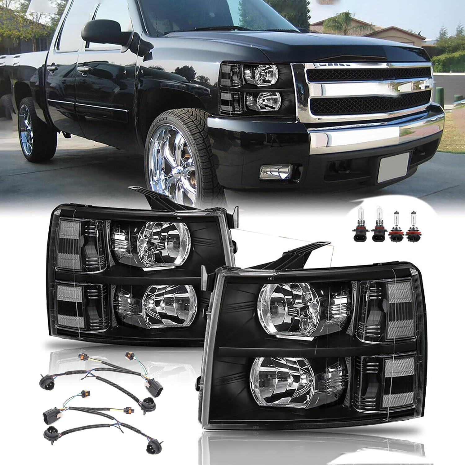 Headlights Assembly W/Bulb & Wiring for 2007-2013 Chevy Silverado 1500