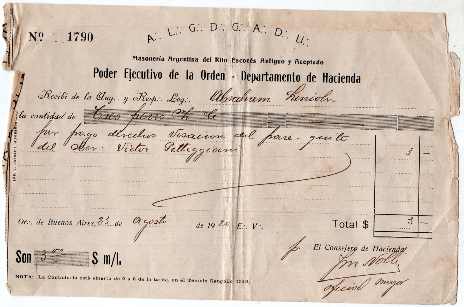 MASONIC, ARGENTINA, 4 OLD DOUCMENTS, VF