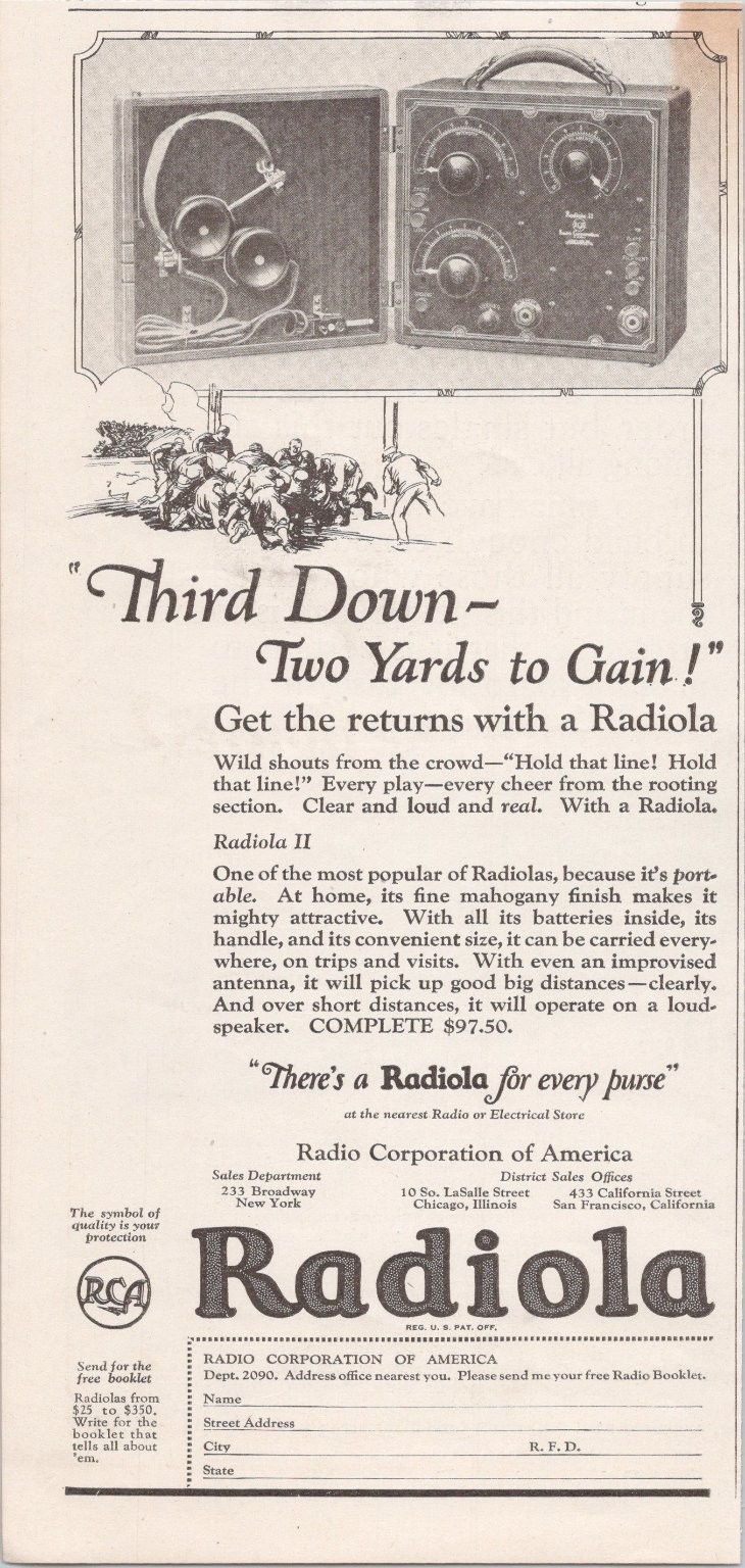 Radiola RCA Vintage Magazine Ad 1923 Portable Radio Football Black White
