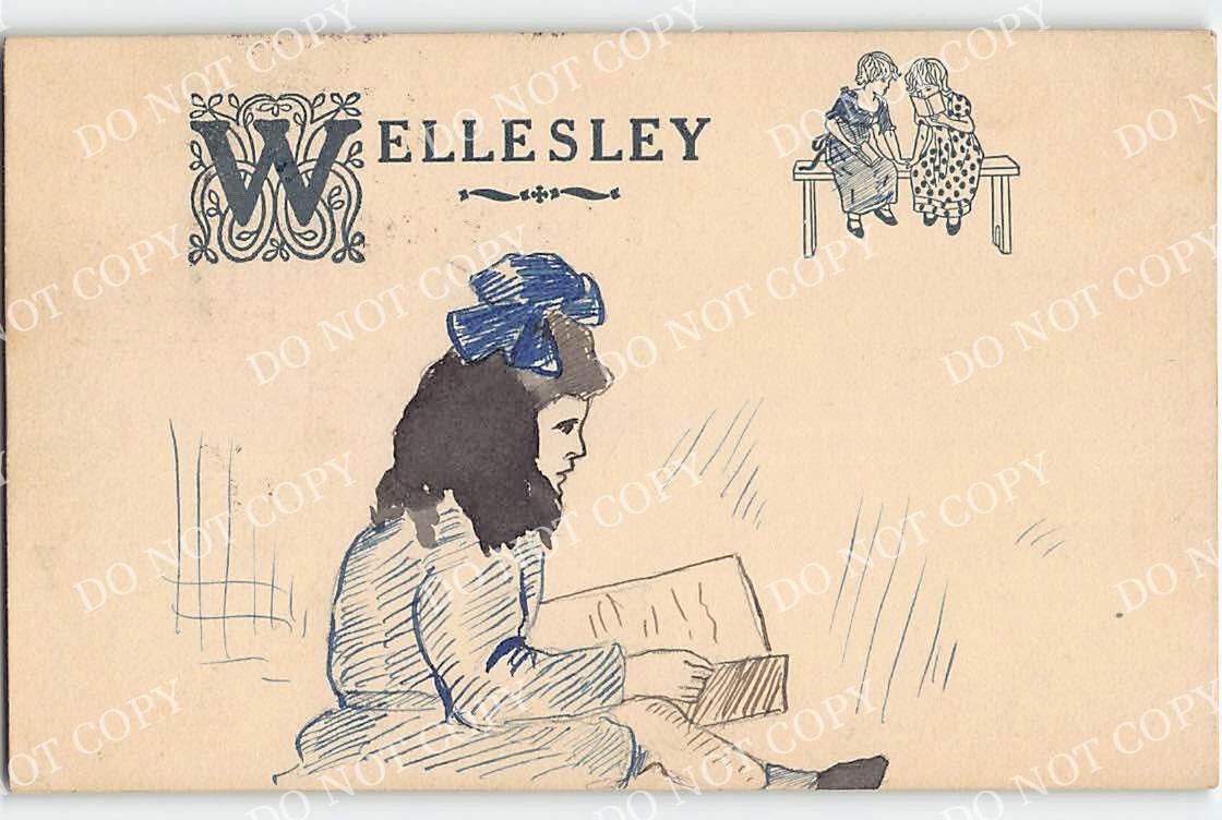 Hand-Drawn Folk Art WELLESLEY, MA Girl Reading Book 1906 Antique Postcard