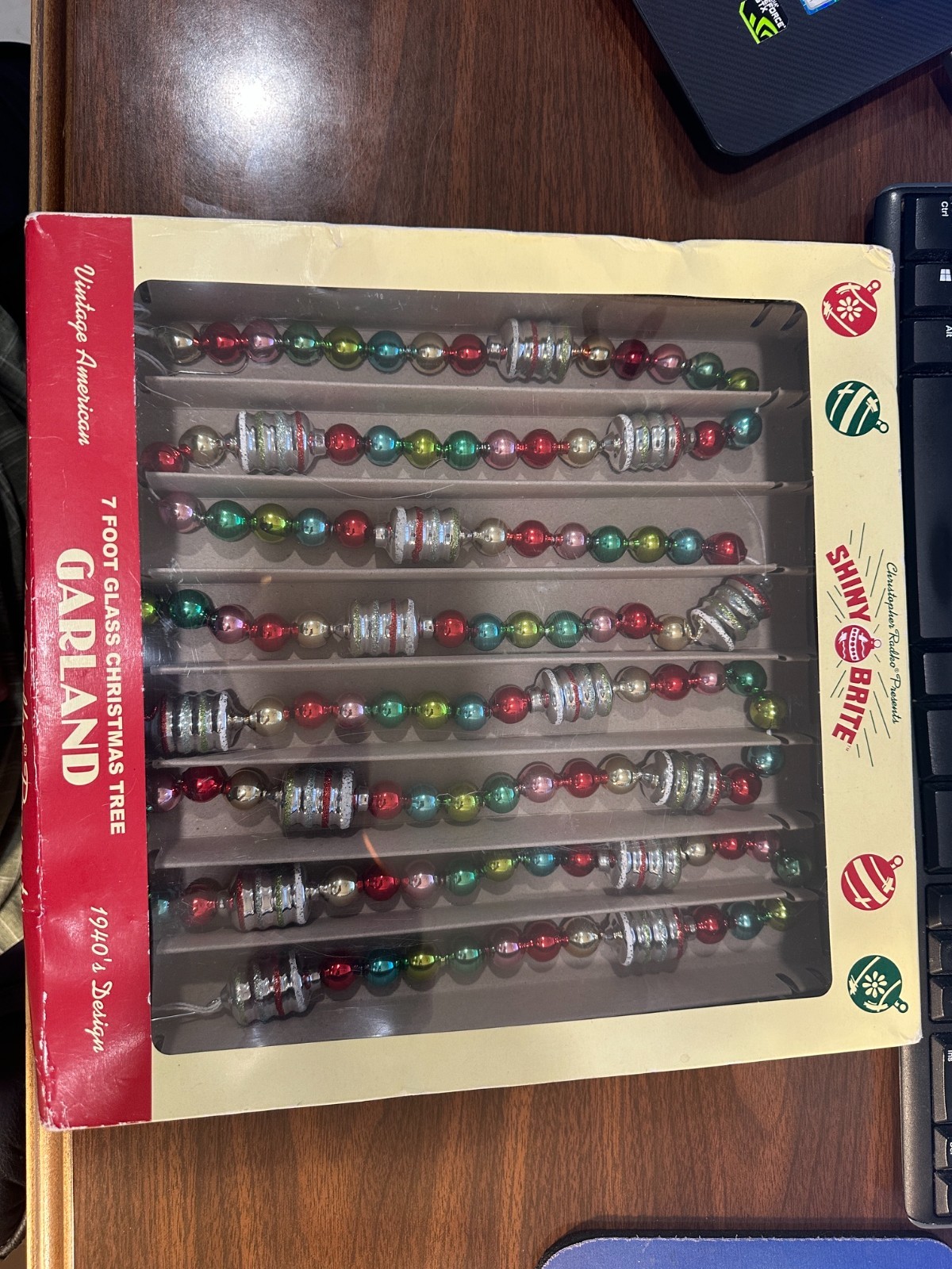 Radko Shiny Brite Glass Christmas Tree Garland Figural Red Pink Aqua Green - 7ft