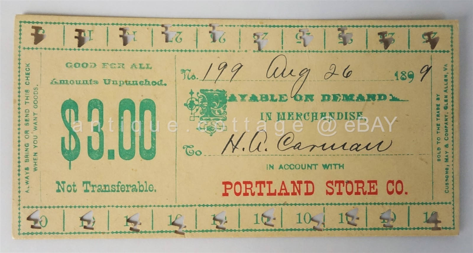 1899 antique PORTLAND STORE COMPANY ACCOUNT CHECK PUNCH CARD for MERCHANDISE $3