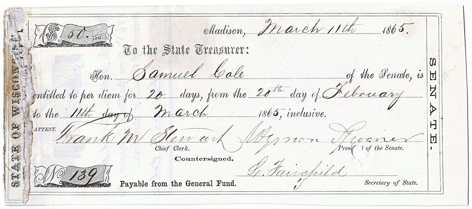 1865 WISCONSIN SCRIP $50 “Judge” Spooner, Abolitionist Signed