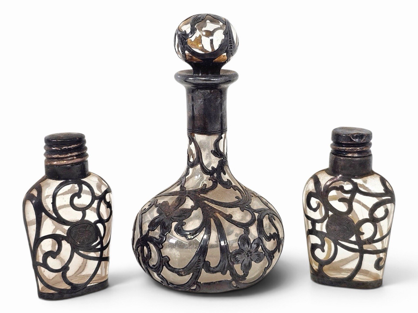 Set of 3 Antique Art Nouveau .925 Overlay Glass Perfume Bottles/Decanters