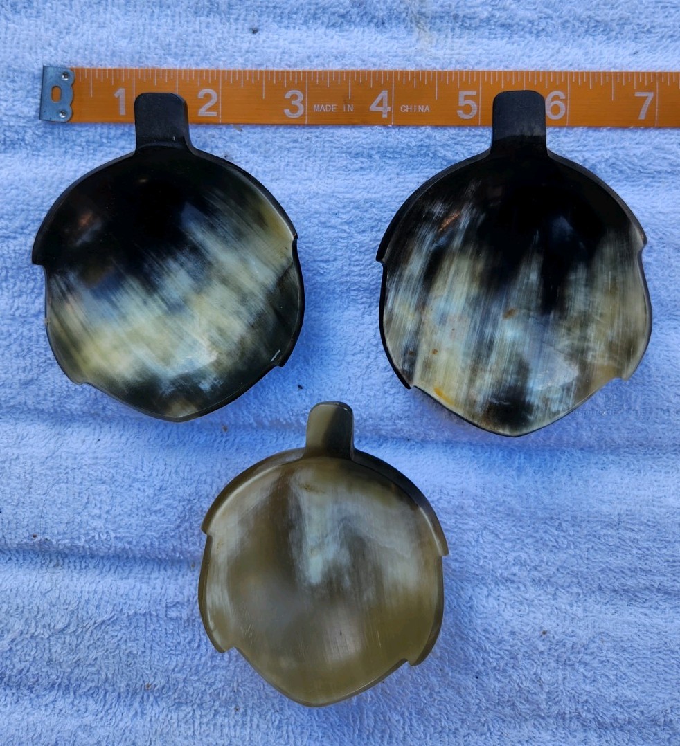 Vintage Hand Carved Buffalo Horn Bowls Set of 3 Condiment Scoops Catchall Tray