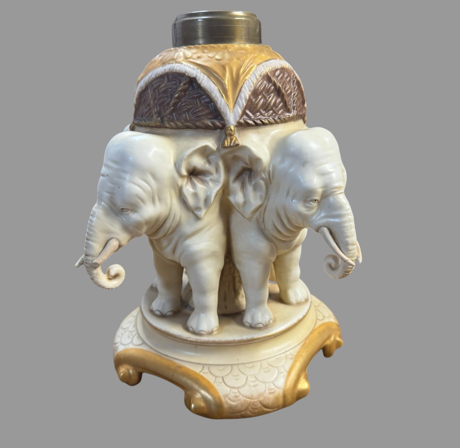 Antique E.W. Turn Wien Austria Porcelain Elephant Figural Oil Lamp Base 10”