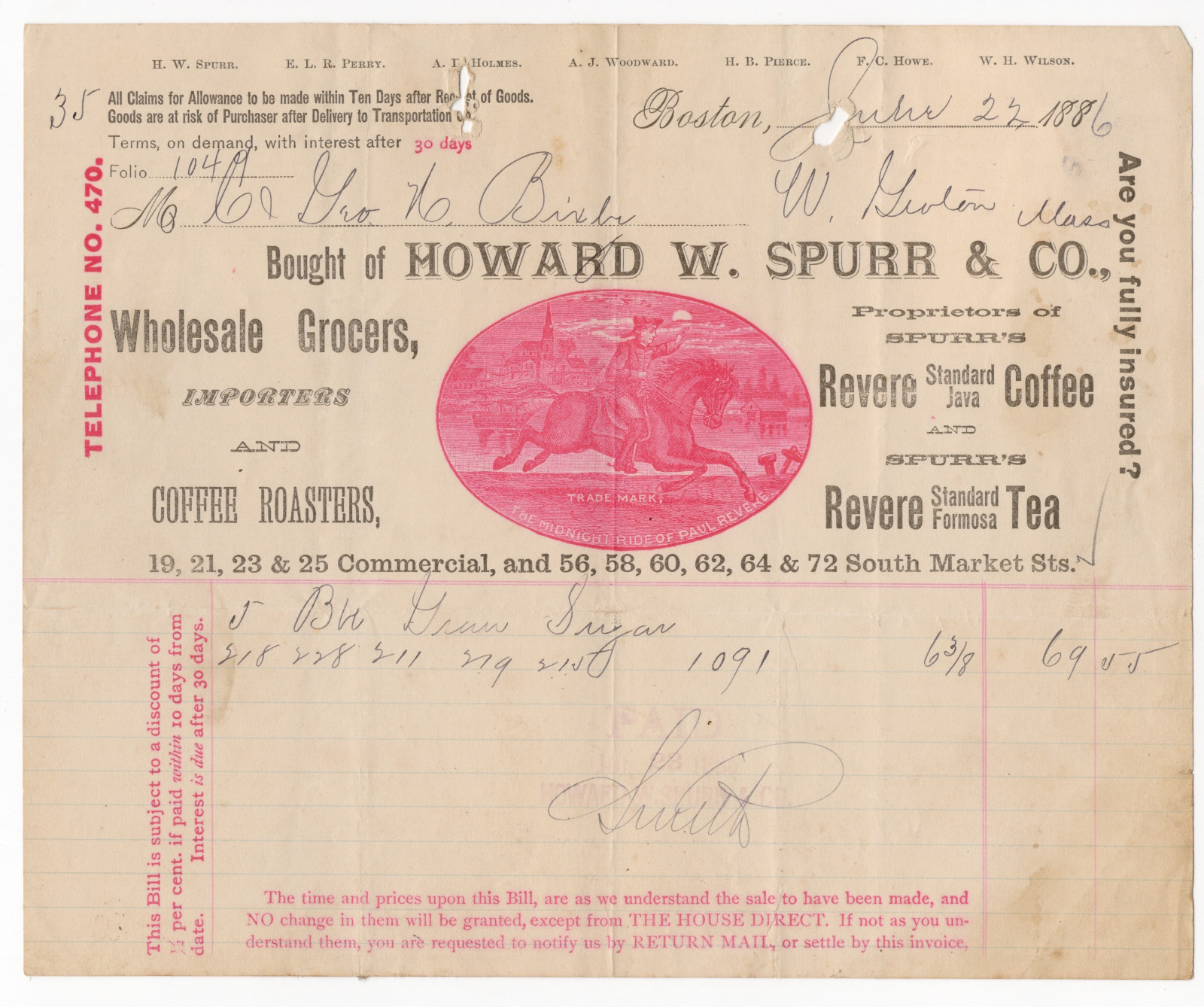 1886 Howard W Spurr Boston Grocery Billhead Paul Revere Coffee Tea Trade Mark
