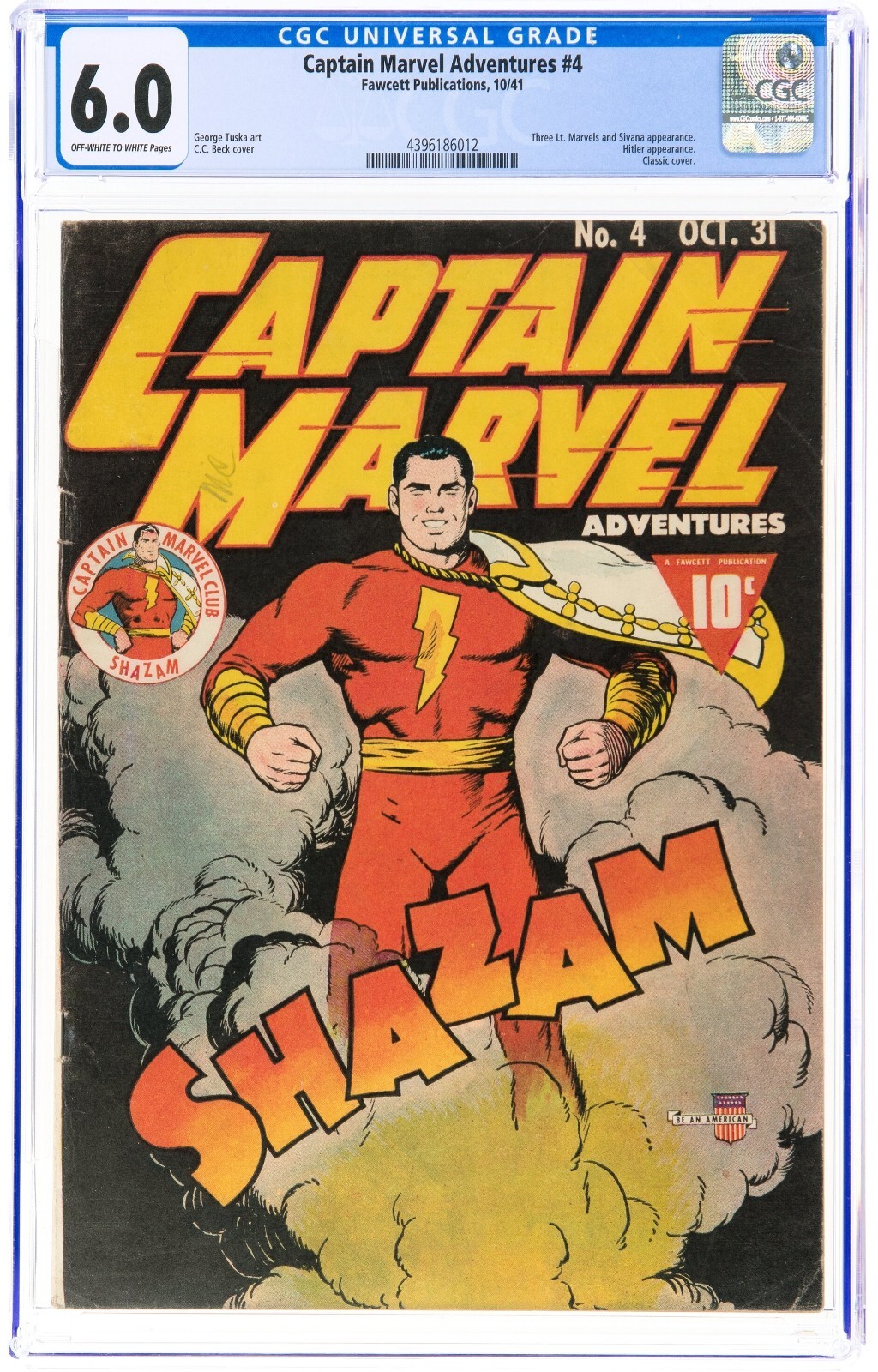 Captain Marvel Adventures #4 1941, CGC 6.0, Hitler Appearance, Fawcett, Rare