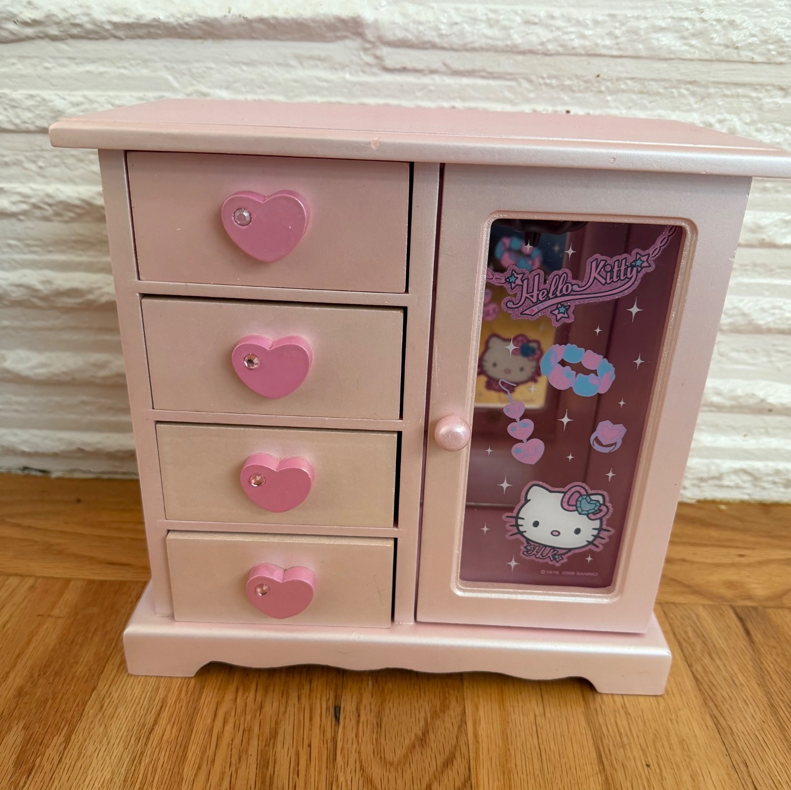 Vintage Sanrio Hello Kitty Jewelry Box Organizer 2008 Pink Wood 4 Drawers