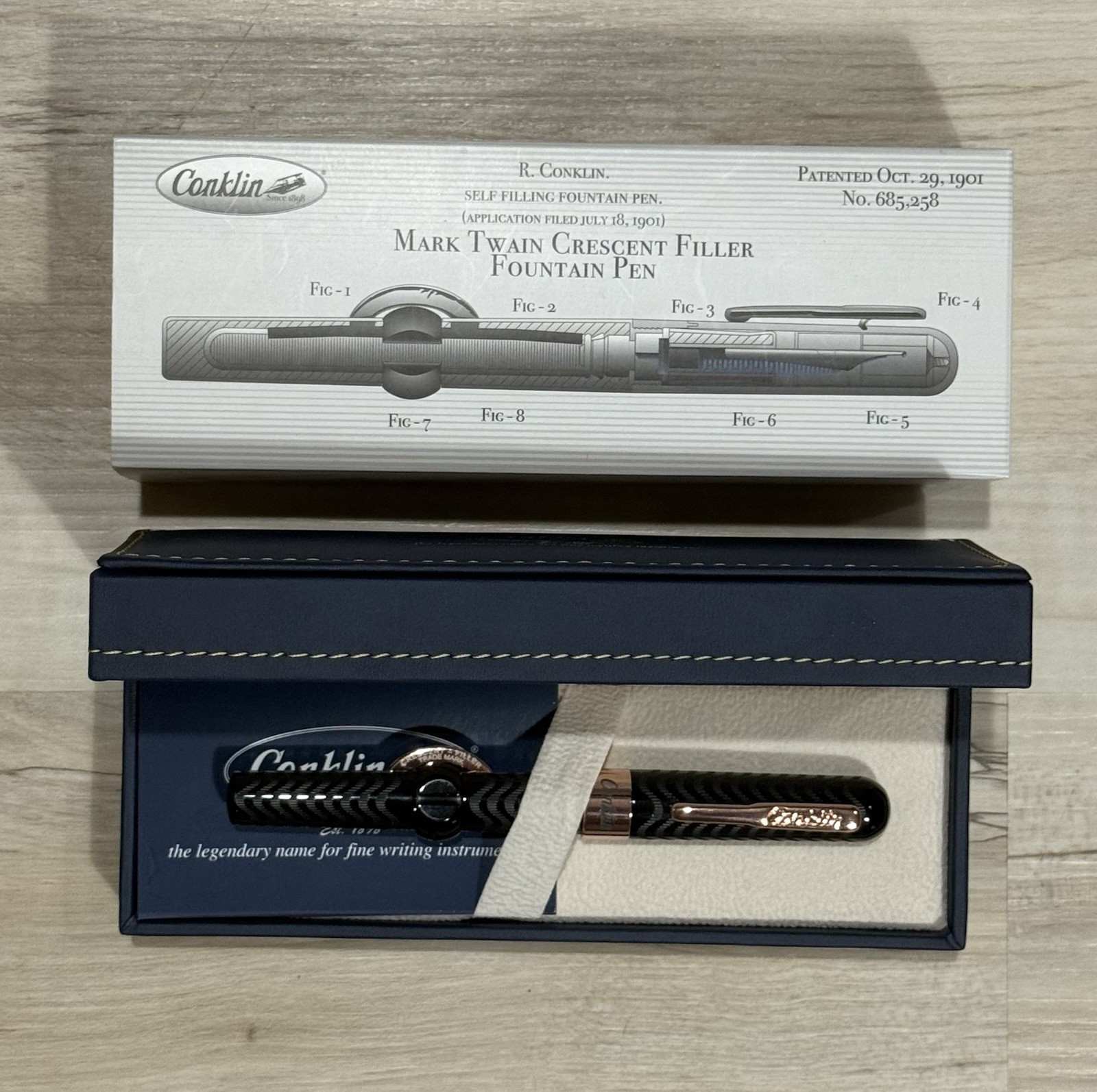 Conklin Mark Twain Crescent Fountain Pen, Black Chase & Rose Gold, Stub Nib