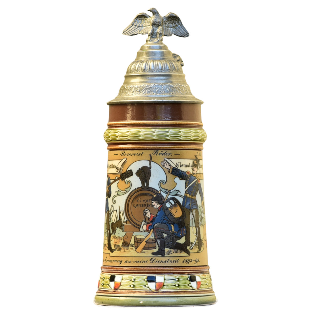 Mettlach Beer Stein Germany Antique 1895 - Soldiers and Tomcat #2030