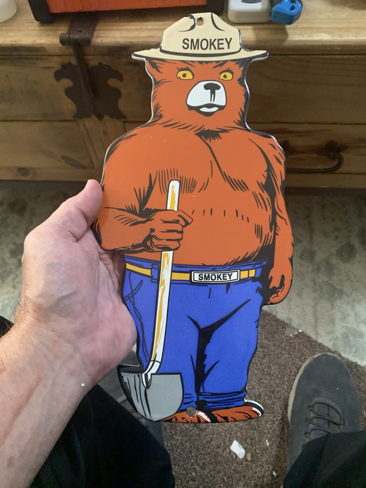VINTAGE SMOKEY THE BEAR PORCELAIN GAS PUMP SIGN PREVENT WILD FIRE TRUCK 12”