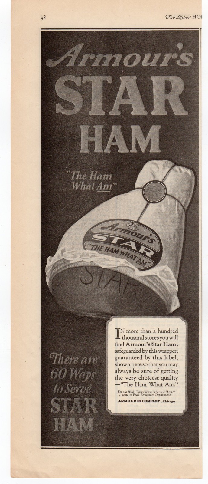 1925 Armour's Star Ham Ad, Chicago Meat Packing Art Deco Era Food Advertisement