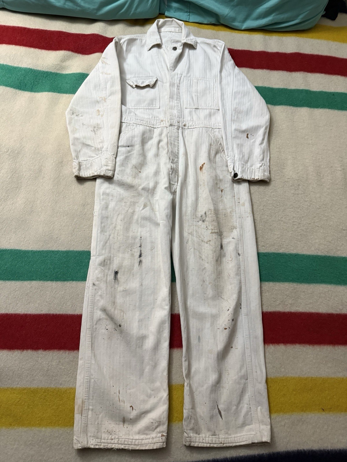 Antique Vintage 30s 40s White Herringbone Twill HBT Painter Coveralls Small S