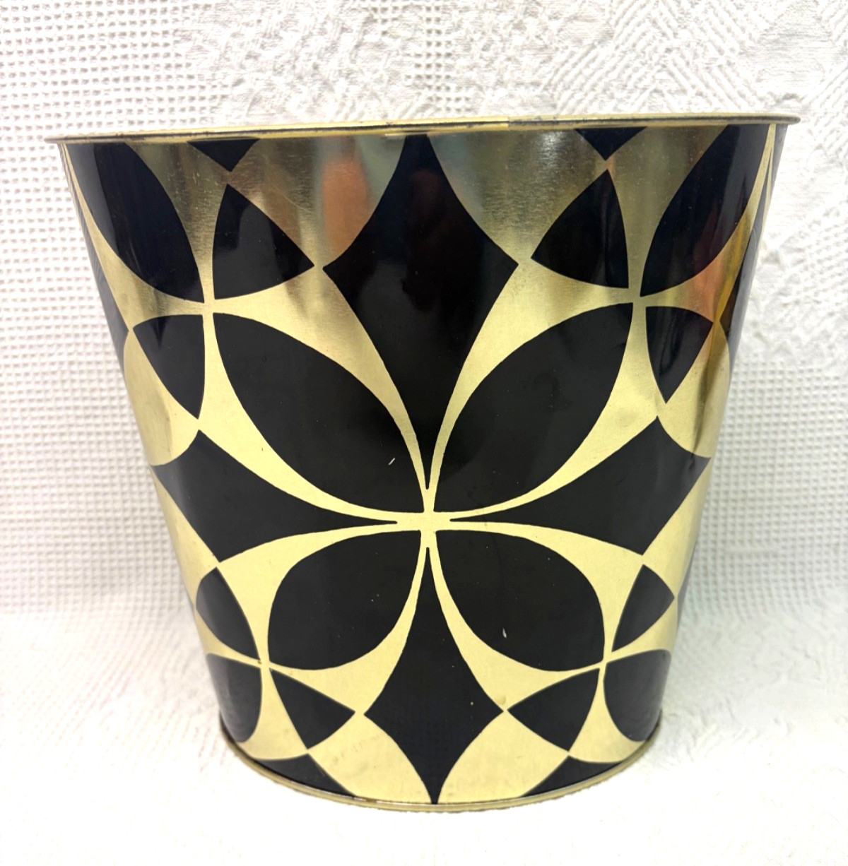 Vintage MCM Black Gold JV Reed Waste Basket Geometric Mid Century