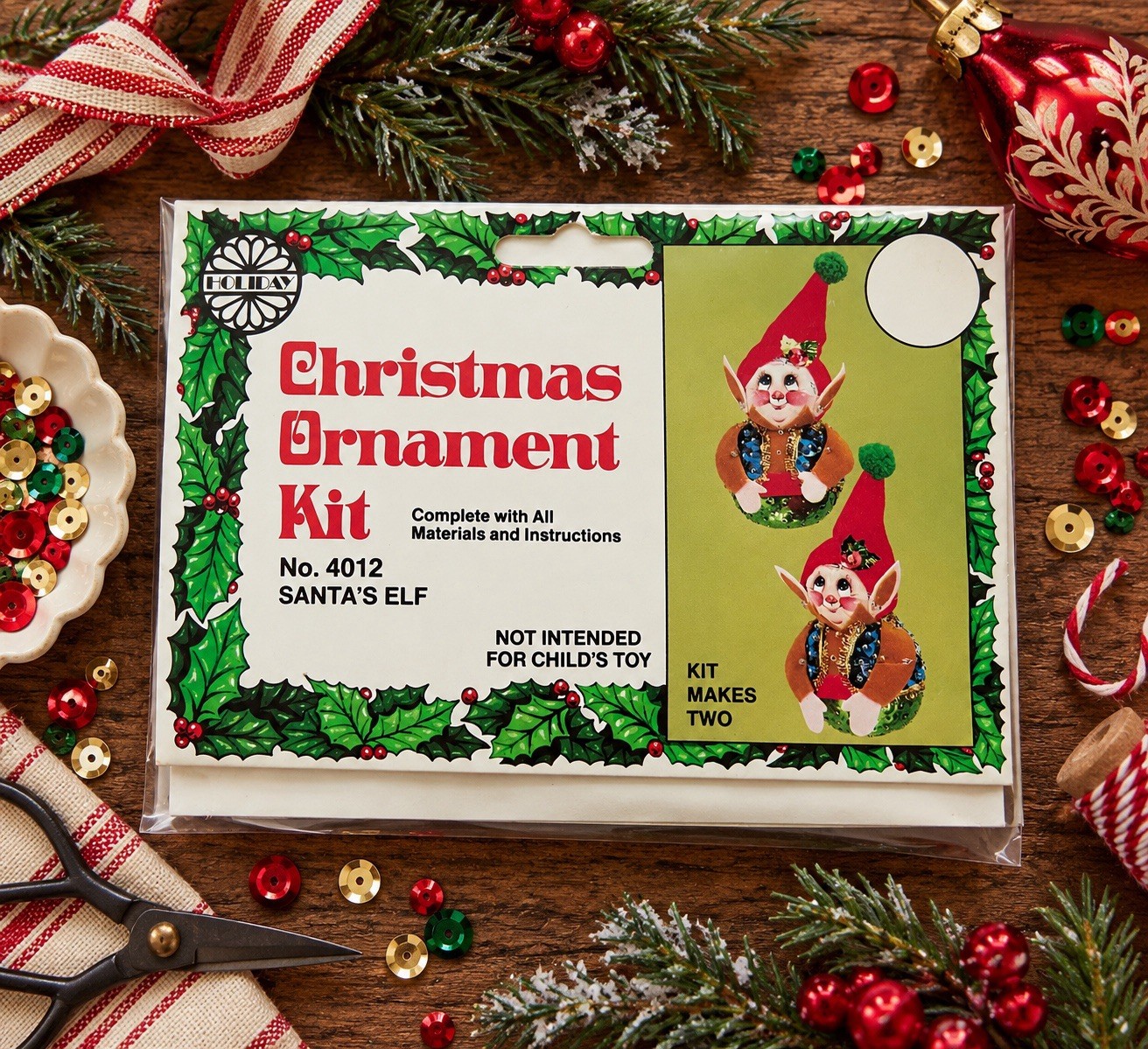 Vintage Holiday Push Pin Ornament Christmas Craft Kit Santas Elf Elves Beaded