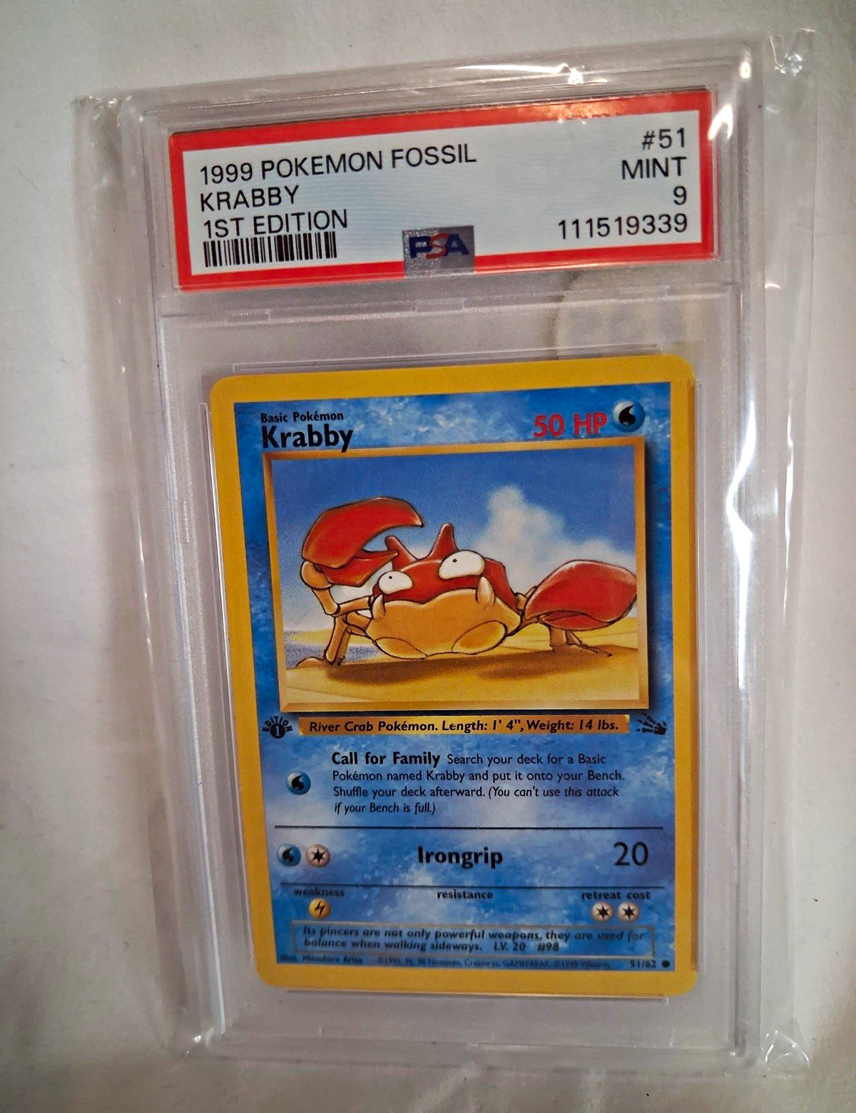 Pokémon 1999 Fossil Krabby #51 1st Edition PSA 9 Cert 111519339